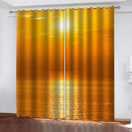 Gardinen Schlafzimmer Wohnzimmer Verdunkelungsvorhang 3D Sonnenuntergang Goldene Meereslandschaft Muster Blickdicht Vorhänge Kinderzimmer Thermovorhang Mit Ösen 260X280cm(HxB) 2Er Set Fensterdekorati von BIURKA