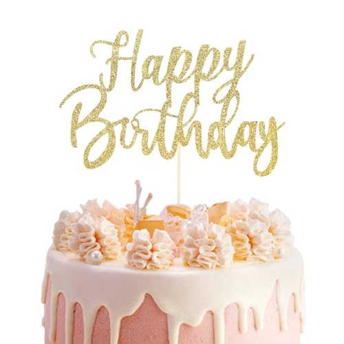Handmade Glitter Happy Birthday Tortendeko, Kuchen Deko Cake Topper Happy Birthday, Goldfarbener Kuchen Deko Cake Topper für Geburtstagsfeiern, Party Zubehör und Dekoration von BIVOFU