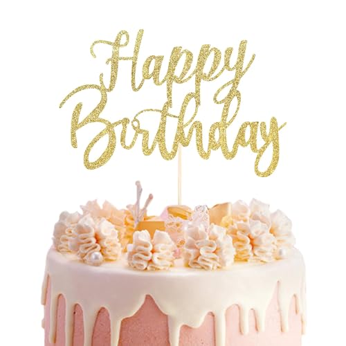 Handmade Glitter Happy Birthday Tortendeko, Kuchen Deko Cake Topper Happy Birthday, Goldfarbener Kuchen Deko Cake Topper für Geburtstagsfeiern, Party Zubehör und Dekoration von BIVOFU