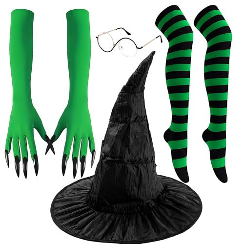 BIWISY Hexenkostüm-Zubehör, Hexenhut, Zubehör, Brille, grüne Handschuhe, gestreifte Strümpfe, Erwachsene, Halloween, Film, Party, Puppen, 4 Stück BIWISY Hexenkostüm-Zubehör, Hexenhut, Zubehör, Brille, grüne Handschuhe, gestreifte Strümpfe, Erwachsene, Halloween, Film, Party, Puppen, 4 Stück von BIWISY