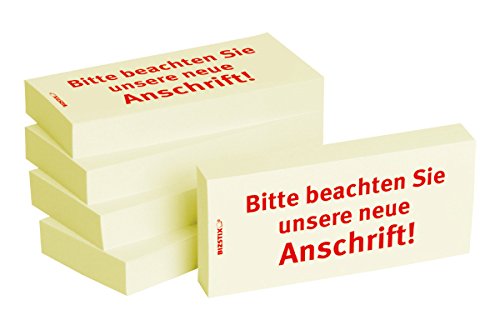 BIZSTIX® Business Haftnotizen "Beachten Sie unsere neue Anschrift!" - 1 Packung mit 5 Haftnotizblöcken zu je 100 Blatt, 75 x 35 mm von BIZSTIX