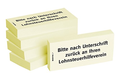 BIZSTIX® Business Haftnotizen"Bitte nach Unterschrift zurück an Ihren Lohnsteuerhilfeverein" - 1 Packung mit 5 Haftnotizblöcken zu je 100 Blatt, 75 x 35 mm von BIZSTIX