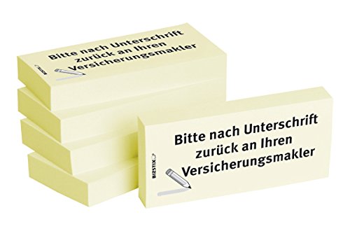 BIZSTIX® Business Haftnotizen"Bitte nach Unterschrift zurück an Ihren Versicherungsmakler" - 1 Packung mit 5 Haftnotizblöcken zu je 100 Blatt, 75 x 35 mm von BIZSTIX