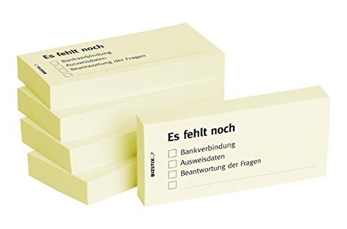 BIZSTIX® Business Haftnotizen"Es fehlt noch" - 1 Packung mit 5 Haftnotizblöcken zu je 100 Blatt, 75 x 35 mm von BIZSTIX