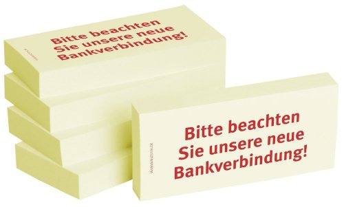 Bedruckte Haftnotizen - Text: Bitte beachten Sie unsere neue Bankverbindung Ausführung Bitte beachten Sie unsere neue Bankverbindung Größe (B x H) 75 x 35 mm Inhalt 5 x 100 Bl von BIZSTIX