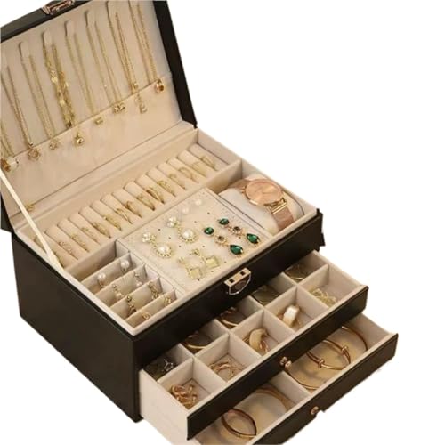BIZTTLOG 3-lagige Schmuckschatulle mit Spiegel, Aufbewahrungsbox aus PU-Leder mit großem Fassungsvermögen for Ohrringe und Halsketten for Damen(Black) von BIZTTLOG