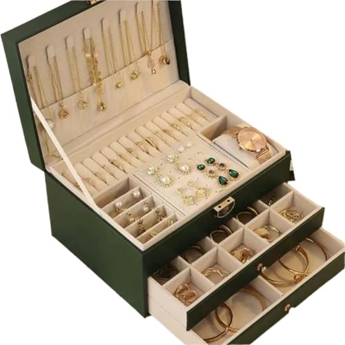 BIZTTLOG 3-lagige Schmuckschatulle mit Spiegel, Aufbewahrungsbox aus PU-Leder mit großem Fassungsvermögen for Ohrringe und Halsketten for Damen(Green) von BIZTTLOG