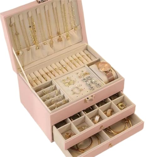 BIZTTLOG 3-lagige Schmuckschatulle mit Spiegel, Aufbewahrungsbox aus PU-Leder mit großem Fassungsvermögen for Ohrringe und Halsketten for Damen(Pink) von BIZTTLOG