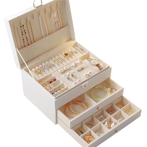 BIZTTLOG 3-lagige Schmuckschatulle mit Spiegel, Aufbewahrungsbox aus PU-Leder mit großem Fassungsvermögen for Ohrringe und Halsketten for Damen(White) von BIZTTLOG