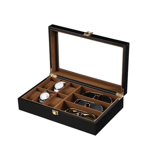 BIZTTLOG Luxuriöse Schmuckschatulle aus Holz mit 6 Uhrenfächern und 3 Brillenfächern, Samtfutter, Reiseschatulle for Zuhause BIZTTLOG Luxuriöse Schmuckschatulle aus Holz mit 6 Uhrenfächern und 3 Brillenfächern, Samtfutter, Reiseschatulle for Zuhause von BIZTTLOG