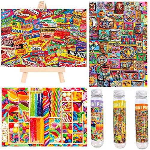 Kleines Puzzle für Erwachsene, 150 Stück, Vintage, Süßigkeiten-Mini-Puzzles, herausfordernde Mini-Puzzles, winzige Puzzles, 15,2 x 10,2 cm, 3 Stück, Mini-Staffelei im Lieferumfang enthalten von BJscoe
