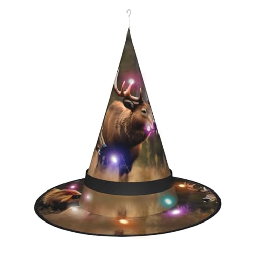 BKDODKS Hexenhut für Erwachsene, Motiv: Wildtierjagd, Hirsch, Bär, Elch, bedruckt, Halloween-Hexenhut von BKDODKS