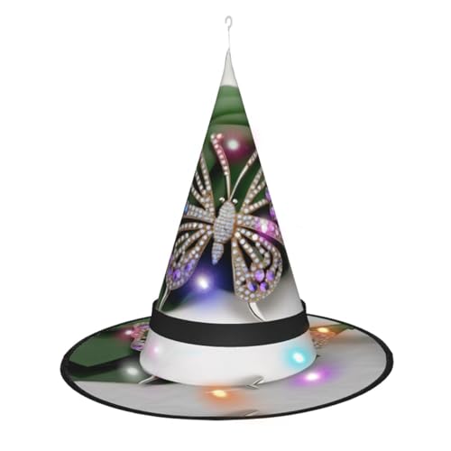 BKDODKS Hexenhut mit Strass-Schmetterling-Aufdruck, Halloween-Hexenhut – beleuchteter Hexenhut für Erwachsene, Halloween, Weihnachten von BKDODKS