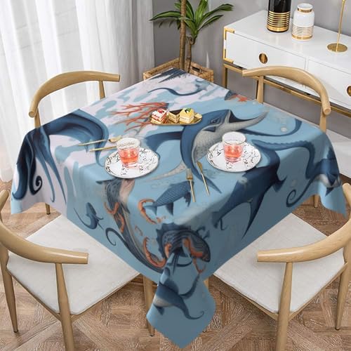 BKTRAVERPT Tischdecke mit Fisch- und Oktopus-Motiv, quadratisch, 137 x 137 cm, Polyestergewebe, wasserdichte Tischdecke, waschbare Tischdecke, öldicht, Tischdecken für Zuhause, Party, festliche von BKTRAVERPT