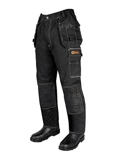 BLACK HAMMER Sicherheitsarbeitshosen für Herren Dienstprogramm Kampf Ladung Hose Elastische Taille Holster Kniepolstertaschen Wasserabweisend Ideale Arbeitskleidung Sublime Schwarz (36W / 29 Short) von BLACK HAMMER