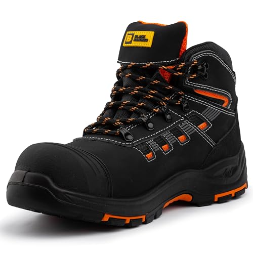 BLACK HAMMER Sicherheitsstiefel für Herren Rutschfest und Wasserabweisend Stahlkappe und Zwischensohle Bequeme Arbeitsschuhe Ideal für den Lager- und Industrieeinsatz Wildleder Schwarz 7710 (39 EU) von BLACK HAMMER