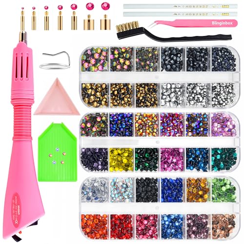 BLINGINBOX Bedazzler-Set mit Strasssteinen, Hotfix-Applikator-Werkzeug, Edelsteine für Kleidung, Stoff, Handwerk, Schuhe, Hüte, Dekoration mit bunten Edelsteinen, Regenbogenfarben, flache Rückseite, von BLINGINBOX