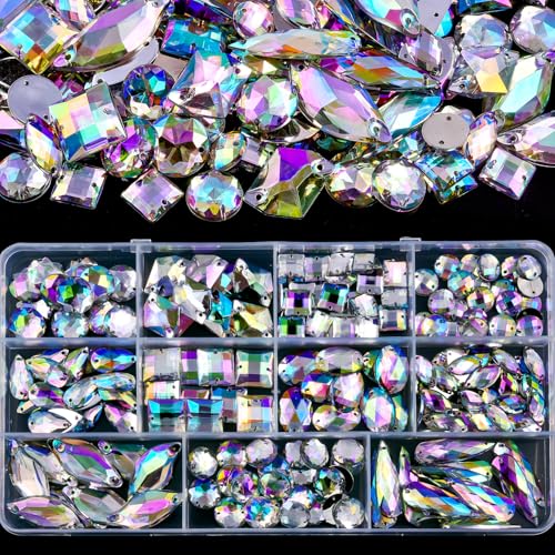 Blinginbox Strasssteine zum Aufnähen, flache Rückseite, gemischte Form, Acryl, Nähen, Kristall-Strasssteine für Bastelarbeiten, Kleidung (Crystal AB) von BLINGINBOX