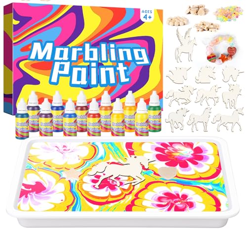 BLISSIQUEE Marmorierfarbe für Kinder,Holzbastelsets Armbänder Bastelset Kinder ab 6 Jahre Geschenk Mädchen 4-12 Wasser Marmorierfarbe Kreativität Spielzeug Basteln(12 Farben) von BLISSIQUEE