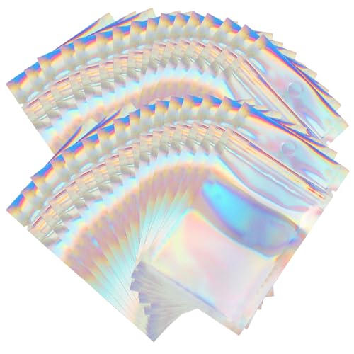 BLMHTWO 100 Stück Baggys，Mylar Bags Holographische Klein Zip Beutel mit Transparentem Fenster Folie Tütchen mit Druckverschluss für Snacks, SüßIgkeiten, Kekse von BLMHTWO