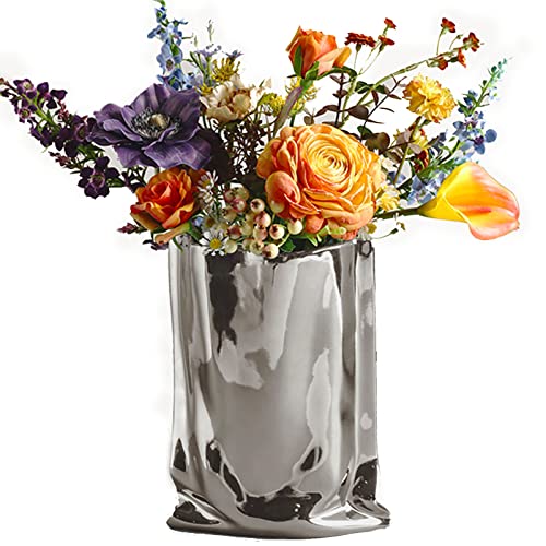 BLOFLO Silber Keramik Moderne Vase Crinkle Fold Papiertüte Handgemachte Keramikvase Kreative Blumenarrangement Ornamente Dekorative Vasen für Wohnkultur Kaminsims Wohnzimmer Dekoration (Silber) von BLOFLO STU
