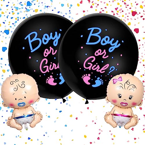 BLOOMWIN 2 Stk. Gender Reveal Ballons 91cm/36 Zoll mit Herz Konfetti + Baby Junge und Mädchen Große Folienballons, Boy or Girl Gender Reveal Party Deko Babyparty Rosa und Blau von BLOOMWIN