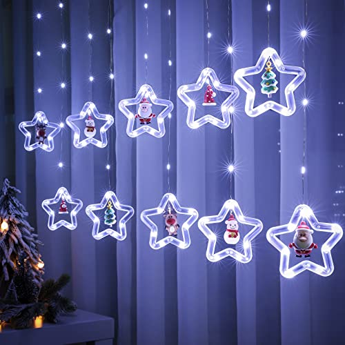 BLOOMWIN Lichterkettenvorhang Fenster Weihnachtsdeko, Sterne Lichtervorhang mit Weihnachtsschmuck, Weihnachtsbeleuchtung Fenster Lichterkette Innen 3m 8 Modi USB Kaltweiß von BLOOMWIN