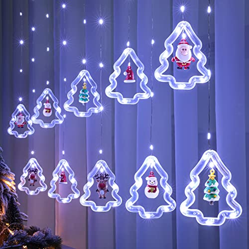 BLOOMWIN Lichterkettenvorhang Fenster Weihnachtsdeko, Weihnachtsbaum Lichtervorhang mit Weihnachtsschmuck, Weihnachtsbeleuchtung Fenster Lichterkette Innen 3m 8 Modi USB Kaltweiß von BLOOMWIN