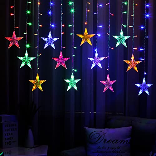 BLOOMWIN Lichtervorhang- 3x0,75M Sterne Lichterkette Fenster 8 Modi Beleuchtete Fensterdeko Weihnachten-Lichterkette Innen- Weihnachtsdeko Fenster Beleuchtet, USB Lichterketten Vorhang IP44 Bunt von BLOOMWIN