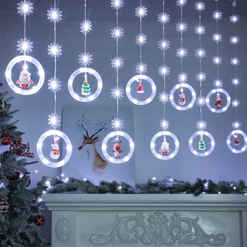 BLOOMWIN Lichtervorhang Weihnachtsbeleuchtung Fenster Innen - 3M 120 LED Weihnachtsdeko Fenster Beleuchtet mit Lichterkette Schneeflocken Deko und Figuren, für Fensterdeko Weihnachten, Kaltweiß USB von BLOOMWIN