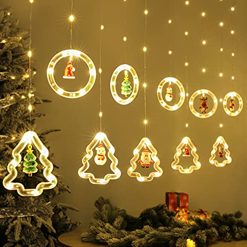 BLOOMWIN Weihnachtsbeleuchtung Lichterkette Fenster Innen, Ring- und Weihnachtsbaum Lichtervorhang mit Weihnachtsschmuck, Lichterkettenvorhang fensterbeleuchtung 3m 8 Modi USB Warmweiß von BLOOMWIN