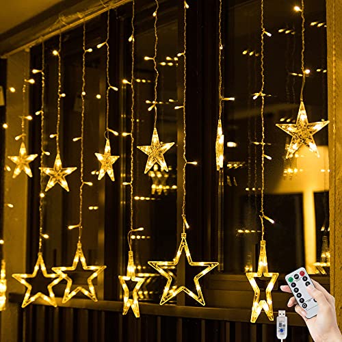 BLOOMWIN 12er Sterne Lichtervorhang 2mx1m Weihnachtsbeleuchtung Fenster Innen Lichterkette Fenster mit Timer USB Warmweiß LED Sternevorhang Kurz Weihnachtsdeko von BLOOMWIN