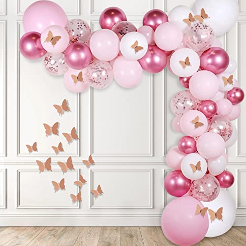 Rosa Luftballons Girlande, BLOOMWIN Rose Metallic Rosa Weiß Balloons mit Schmetterlingen, Rosenbalon Weiße Ballongirlande Set Feen Geburtstag Deko für Mädchen Babyparty, Geburtstag, Hochzeit von BLOOMWIN
