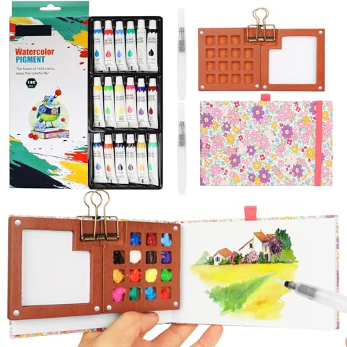 Pocket Aquarell Set，Mini Aquarell Travel Set mit Binder-Clips,Mini Aquarellkasten,Wood Pocket Artist Aquarell-reiseset,Skizzenbuch Palette Set 15 Grids für Maler, Künstler, Studenten（15Pink+18） von BLSFXROE