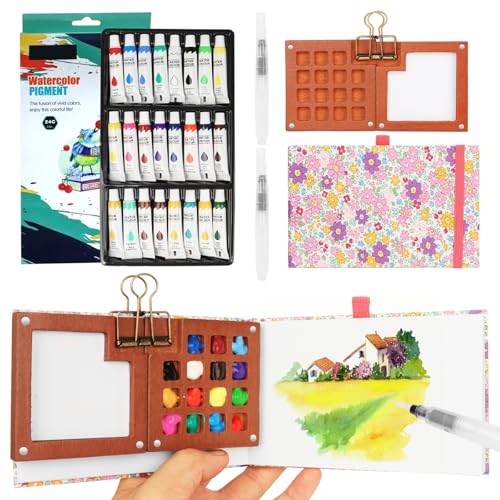 Pocket Aquarell Set，Mini Aquarell Travel Set mit Binder-Clips,Mini Aquarellkasten,Wood Pocket Artist Aquarell-reiseset,Skizzenbuch Palette Set 15 Grids für Maler, Künstler, Studenten（15Pink+24） von BLSFXROE