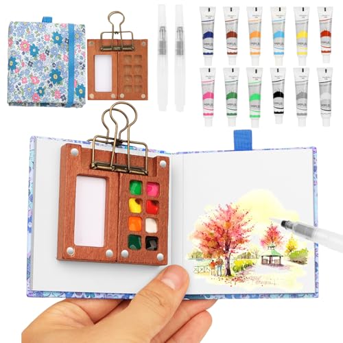 Pocket Aquarell Set，Mini Aquarell Travel Set mit Binder-Clips,Mini Aquarellkasten,Wood Pocket Artist Aquarell-reiseset,Skizzenbuch Palette Set 8 Grids für Maler, Künstler, Studenten（Blau） von BLSFXROE