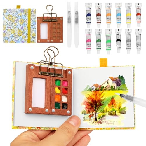 Pocket Aquarell Set，Mini Aquarell Travel Set mit Binder-Clips,Mini Aquarellkasten,Wood Pocket Artist Aquarell-reiseset,Skizzenbuch Palette Set 8 Grids für Maler, Künstler, Studenten（Gelb） von BLSFXROE