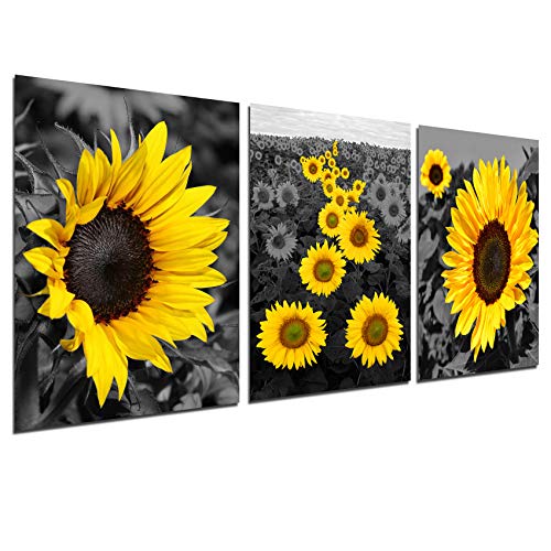 Sonnenblumen-Wandbild auf Leinwand – schwarz-weiße Blumenposter und Drucke, gelb, für Badezimmer, Küche, Wohnzimmer, Dekoration, goldene Blüte, Landschaft, 30.5 x 40.6 cm, ungerahmt von BLUE RED CYAN