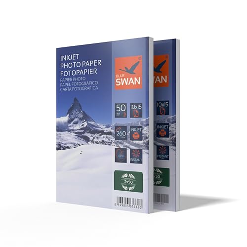 Blue Swan 10x15 cm Glänzendes Fotopapier, 260 g/m², 100 Blatt (2 Packungen à 50), Einseitig Beschichtet, Schnell-Trocknend, Wasserabweisend, Kratzfest, Hohe Farbbrillanz von BLUE SWAN