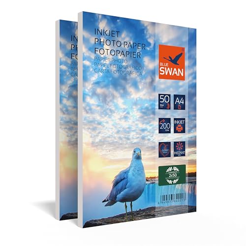 Blue Swan A4 Fotopapier, 200 g/m², 100 Blatt, Glänzend, Wasserabweisend, Schnelltrocknend, Einseitig, Kompatibel mit Tintenstrahldruckern von BLUE SWAN