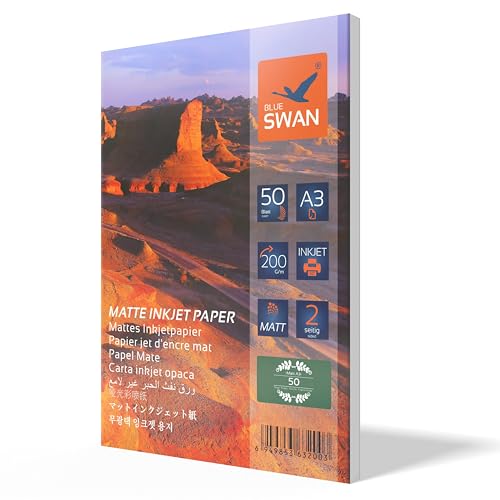 A3 Matt Fotopapier Beidseitig bedruckbar matte Beschichtung, 200g/qm, DIN A3 (297 x 420 mm),50 Blatt - Hohe Farbwiedergabe, Geringe Reflexion, Brillante Farbwiedergabe von BLUE SWAN