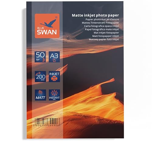 A3 Matt Fotopapier Matte Beschichtung, Einseitig bedruckbar, 200g/qm, DIN A3 (297 x 420 mm) hohe Farbbrillianz, Geringe Reflexion von BLUE SWAN