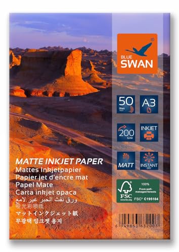A3 Matt Fotopapier Matte Beschichtung, Einseitig bedruckbar, 200g/qm, DIN A3 (297 x 420 mm) hohe Farbbrillianz, Geringe Reflexion von BLUE SWAN