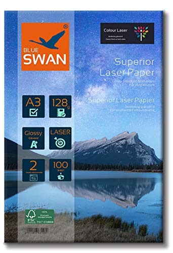 BLUE SWAN 100 Blatt A3 Superior Colour Laser Fotopapier Flyer Papier, 128g/qm, Glossy,glaenzend, beidseitig bedruckbar, Fuer allen normalen/Farblaserdruckern/Kopierern (Colour Laserdrucker) von BLUE SWAN