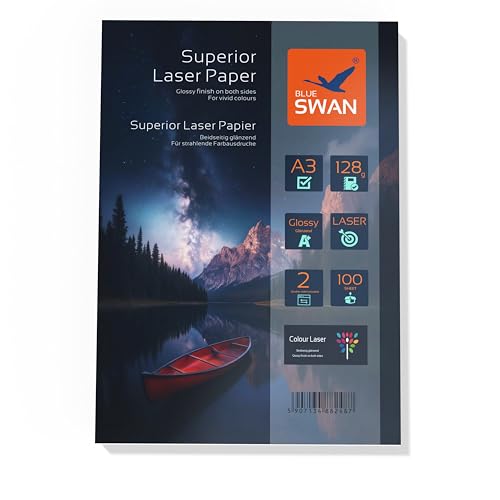 BLUE SWAN 100 Blatt A3 Superior Colour Laser Fotopapier Flyer Papier, 128g/qm, Glossy,glaenzend, beidseitig bedruckbar, Fuer allen normalen/Farblaserdruckern/Kopierern (Colour Laserdrucker) von BLUE SWAN