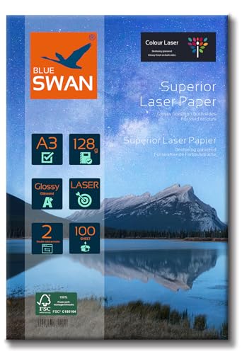 BLUE SWAN 100 Blatt A3 Superior Colour Laser Fotopapier Flyer Papier, 128g/qm, Glossy,glaenzend, beidseitig bedruckbar, Fuer allen normalen/Farblaserdruckern/Kopierern (Colour Laserdrucker) von BLUE SWAN