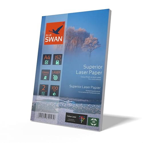 BLUE SWAN 100 Blatt A4 157g/qm, Schweres Laser Fotopapier Flyer Papier, Glossy,glaenzend, beidseitig bedruckbar, Fuer allen normalen Farblaserdruckern Kopierern von BLUE SWAN