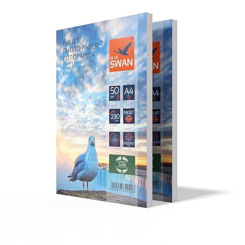 BLUE SWAN 100 Blatt Fotopapier A4,230g/qm, DIN A4 Hochglanz-weiß wasserfest hohe Farbbrillianz,für Inkjet Drucker (Tintenstrahldrucker) von BLUE SWAN