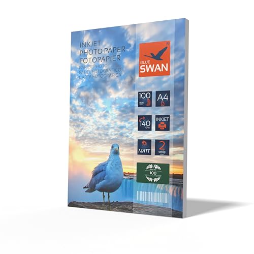 Blue Swan A4 Mattes Inkjet Fotopapier, 100 Blatt, 140 g/m², Doppelseitig, Hohe Farbbrillanz, Geringe Reflexion, Sofort Trocknend, Kompatibel mit Tintenstrahldruckern von BLUE SWAN