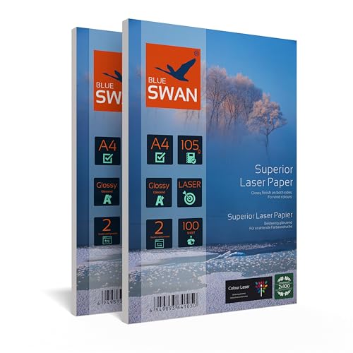 BLUE SWAN 200 Blatt Superior Colour Laser Fotopapier Flyer Papier A4, 105g/qm, Glossy,glaenzend, beidseitig bedruckbar, Fuer allen normalen/Farblaserdruckern/Kopierern (A4 105g) von BLUE SWAN